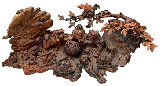 Chinese Scenic Wood Carving of Wild Foo Dogs