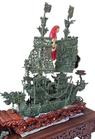 Chinese Spinach Jade Hand-Carved Dragon Boat Fleet