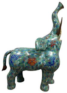 Large Chinese Cloisonne Elephant Sculpture 3.6ft x 5.3ft: A stunning large Chinese cloisonne elephant sculpture. This exquisite piece features intricate enamel work with vibrant colors and detailed motifs, showcasing traditional Chinese artistry. The elephan