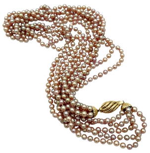 Estate 14K (5) Stranded Pearl Torsade Necklace: A luxurious 22-inch torsade necklace featuring five strands of naturally colored pink pearls, each measuring 5mm. The necklace is elegantly finished with a 14K yellow gold barrel clasp. Marked 14L to