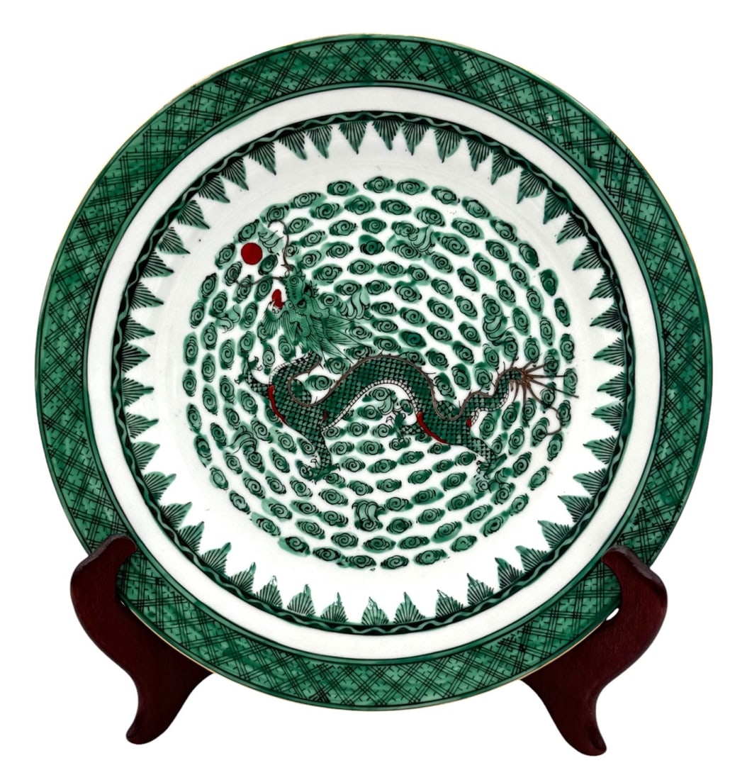 Chinese Hand-Painted Porcelain Green Dragon Dish (1 of 6)