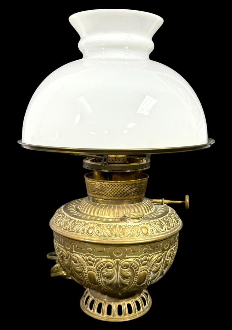 Antique American Brass Milk Glass Lamp (1 of 4)
