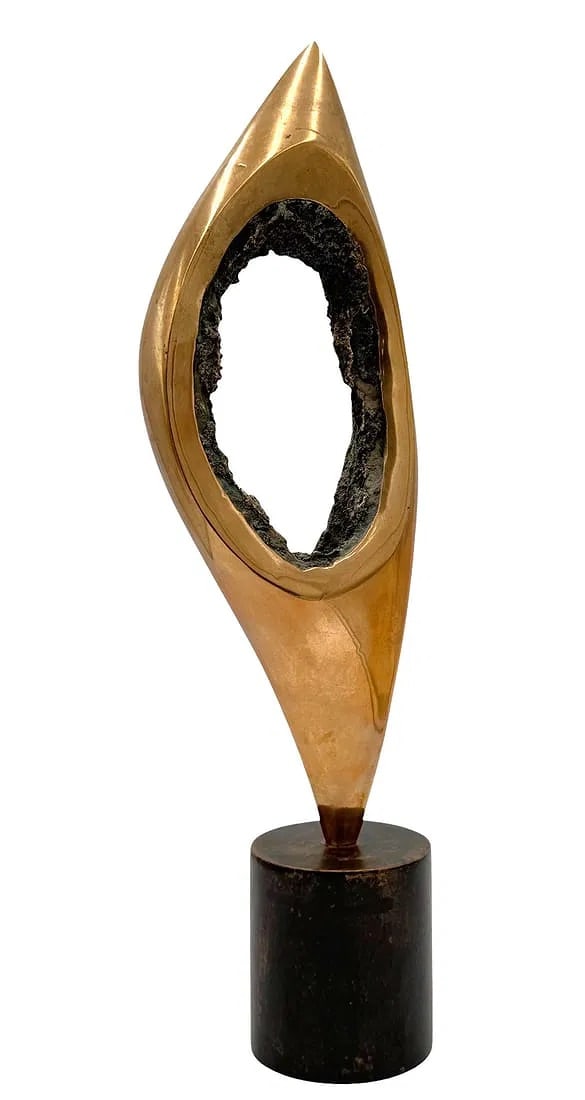 Jarry Mid Century Bronze Sculpture: A striking mid-20th century abstract bronze sculpture by an artist identified as Jarry. The piece features a smooth, modern elongated form with a brutalist textured, hollow center, mounted on a cylind
