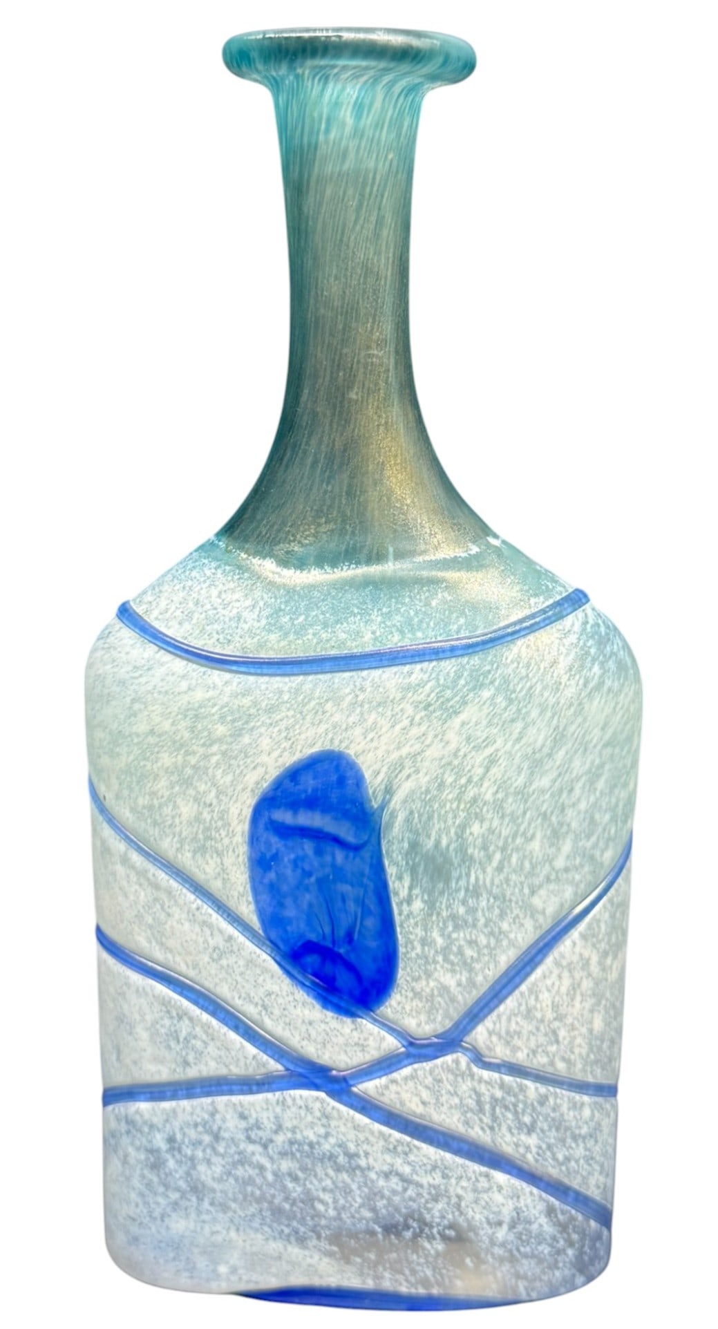 Kosta Boda Bertil Vallien Galaxy Blue Art Glass Vase: A stunning Kosta Boda art glass vase designed by Bertil Vallien, dating back to the 1980s. This 'Galaxy Blue' vase exhibits Vallien's signature style with its ethereal blue tones and intricate design.