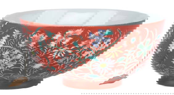 Yongzheng Period Chinese Famille Rose Bowl: A beautifully crafted Chinese famille rose bowl from the Yongzheng period, featuring vibrant floral motifs on a rich red background. The intricate design showcases traditional Chinese artistry, with d