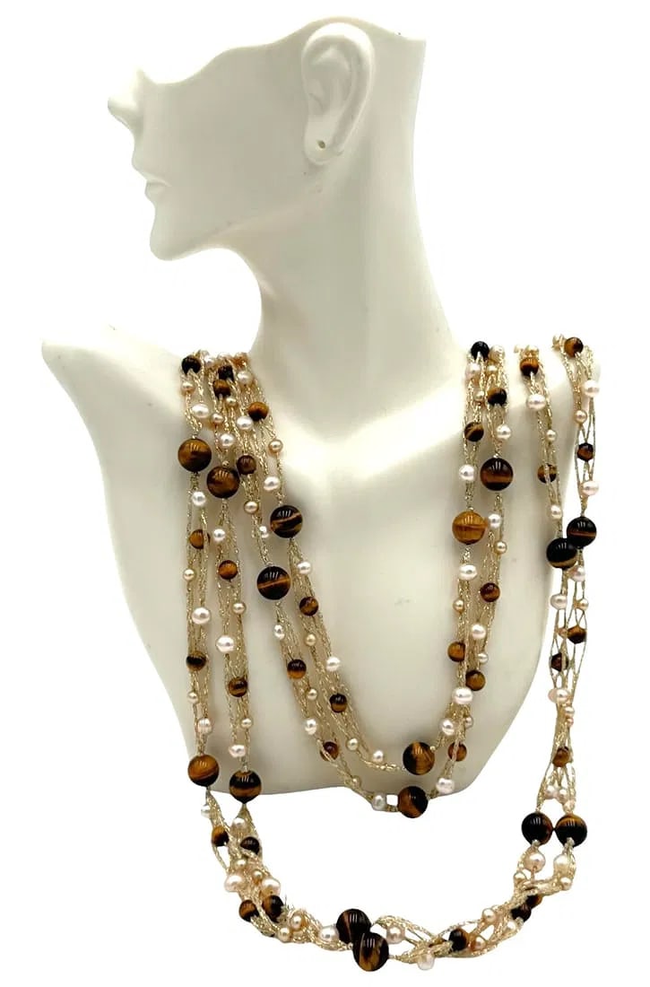 Tigereye and Pearl Multi-Stranded Necklace (1 of 5)