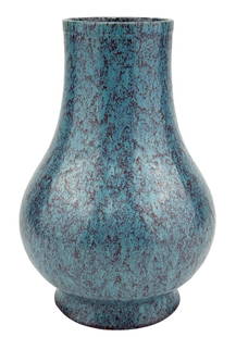 Chinese Robin's Egg Glaze Vase: A stunning Chinese vase featuring a unique robin's egg glaze, characterized by a speckled blue and reddish-brown pattern. The vase showcases a classic, elegant shape with a wide body and narrow neck,