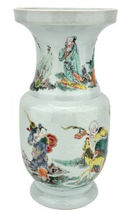 Chinese Famille Rose Hand Painted Porcelain Vase: A beautifully crafted Chinese Famille Verte porcelain vase, featuring intricate hand-painted scenes of figures and nature. The vase displays vibrant colors typical of the Famille Verte palette, includ