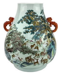 Chinese Famille Rose 'One Hundred Deer' Porcelain Vase: A stunning Chinese hand-painted famille rose porcelain vase, featuring the 'One Hundred Deer' motif. This intricate design showcases a multitude of deer amidst a lush landscape, symbolizing longevity