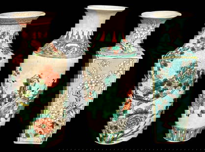 Three (3) Chinese Hand Painted Porcelain Vases: This collection features three exquisite Chinese Famille Verte porcelain vases. The first vase is adorned with intricate floral and bird motifs, showcasing vibrant shades of green, red, and yellow aga