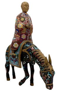 Chinese Gilt Bronze & Cloisonne Man Riding Horse: A stunning Chinese sculpture featuring a man riding a horse, crafted from gilt bronze and adorned with intricate cloisonne enamel work. The piece showcases vibrant colors and detailed patterns typical