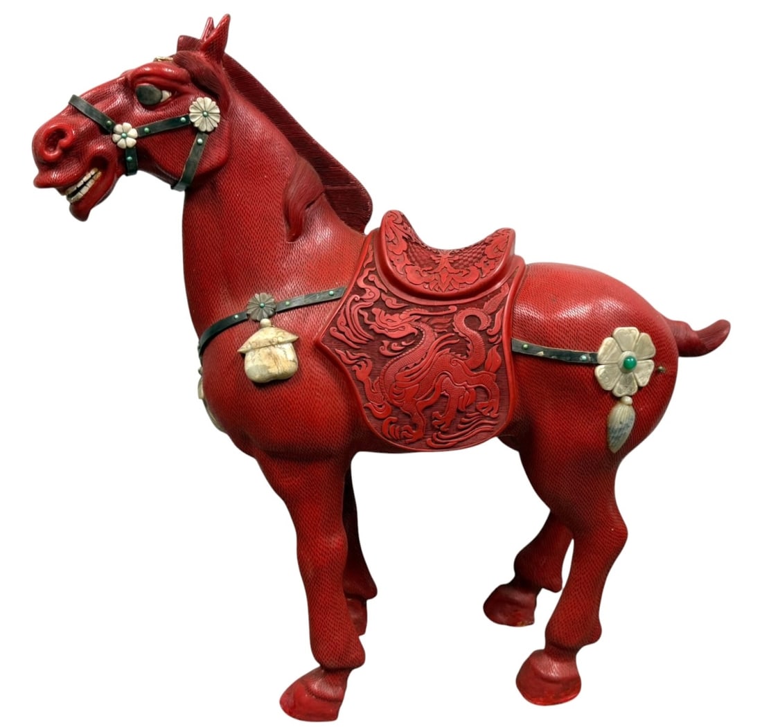 Chinese Hand Carved Cinnabar & Jade Horse (1 of 12)