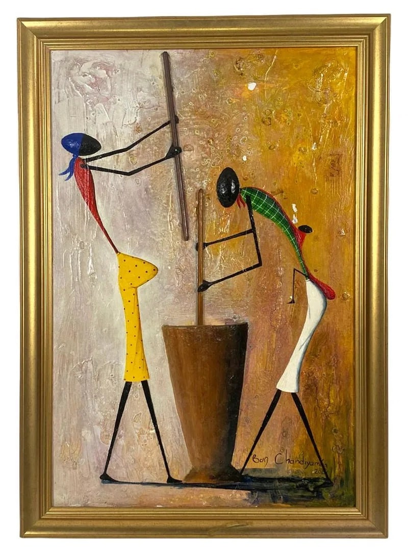 Bon Chandiyamba Mixed Media Painting on Canvas: Bon Chandiyamba (Malawian/South African: B. 1956) contemporary mixed media painting on canvas depicting a pregnant mother and father with child to back cooking in a large pot together. Hand signed and