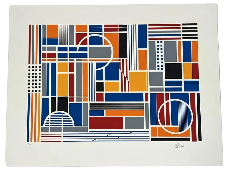 Gisela Beker Modern Geometric Serigraph: Gisela Beker (German/American: 1932-2015) color silkscreen serigraph on paper titled "Labyrinth". Hand signed and dated in pencil. Year: 1980. Edition of 300 proofs worldwide. Sheet: 25-1/2in w x 20-1