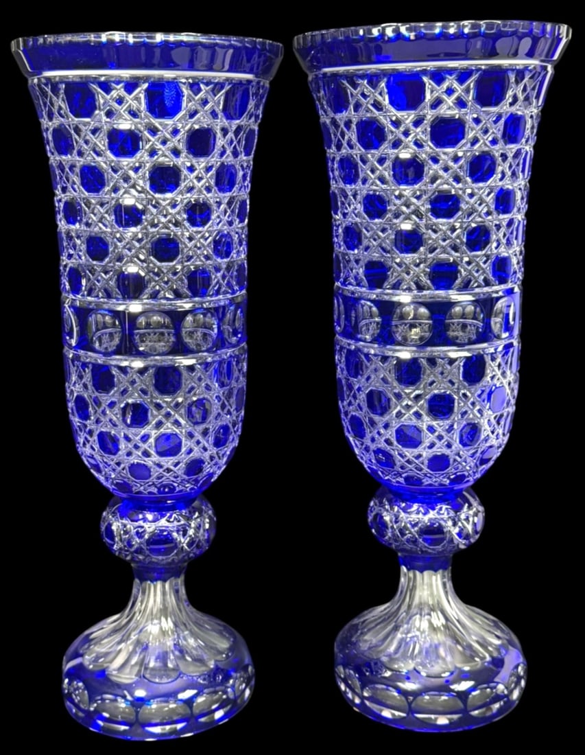 Pair of Cobalt Blue Cut-to-Clear Crystal Vases (1 of 6)