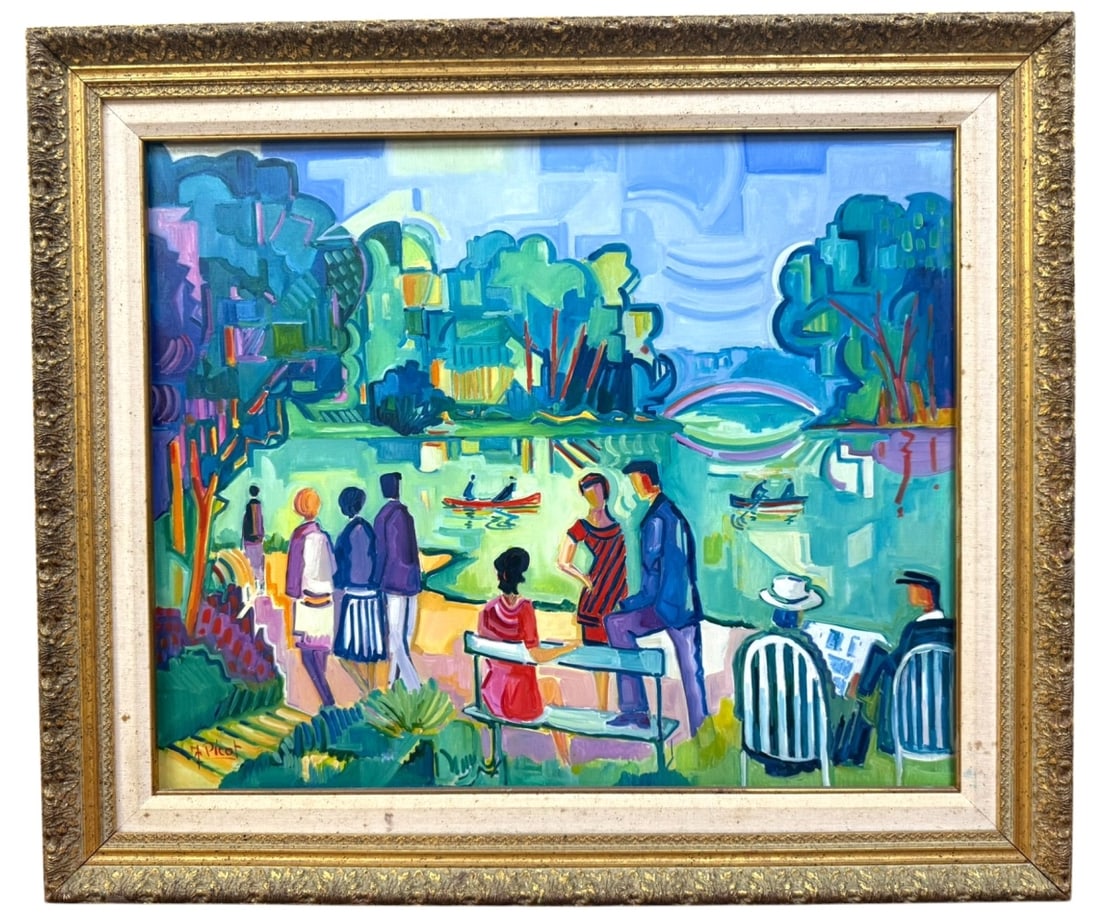 Jean-Claude Picot Oil Painting 'Promeneurs Au Bord Du Lac (Paris)' (1 of 13)