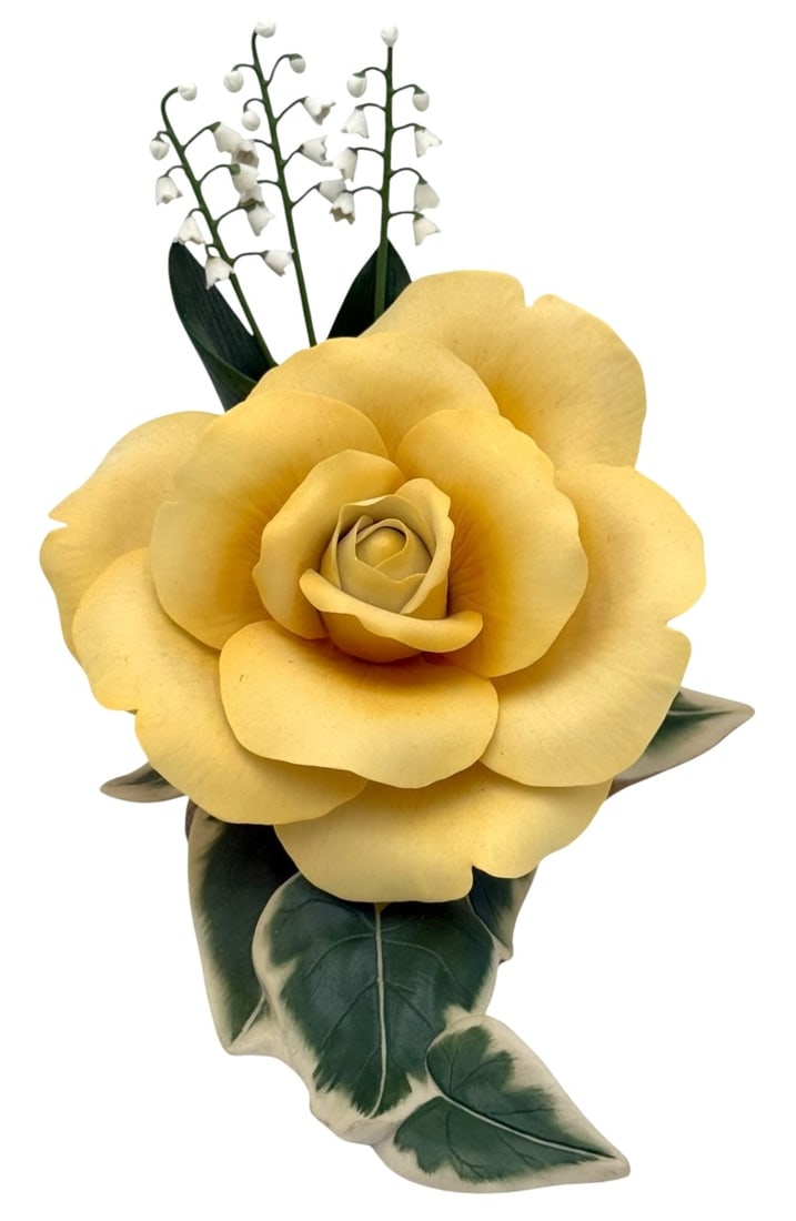 Boehm 1988 Gold Crown Rose w/ Lily Porcelain: A stunning Boehm porcelain sculpture titled 'Gold Crown Rose with Lily of the Valley,' crafted in 1988. This limited-edition piece, numbered 47, features a beautifully detailed yellow rose accompanied