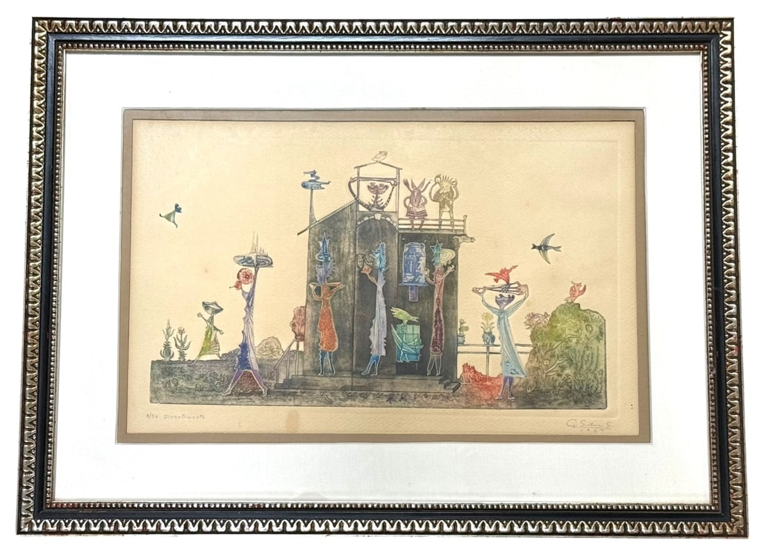 Guillermo Silva Santamaria 'Divertimento' Etching: A hand-colored etching by renowned Colombian artist Guillermo Silva Santamaria (Colombian: 1921 - 2007), titled 'Divertimento'. This piece, created in 1967, showcases Silva Santamaria's signature surr