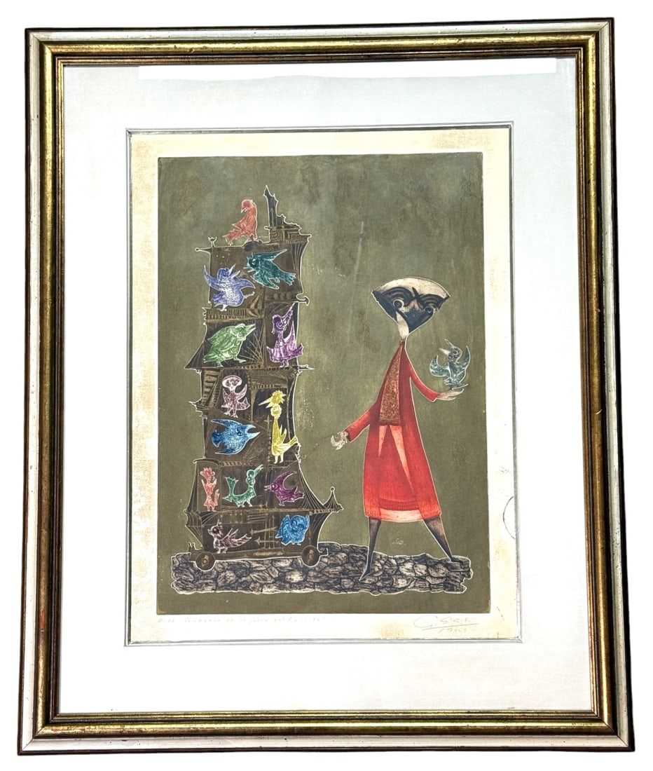 Guillermo Silva Santamaria Hand-Colored Etching: Guillermo Silva Santamaria (Colombian: 1921 - 2007) hand colored etching on paper titled 'Vendedor de Pajaros del Carrito'. Hand signed and dated in pencil to lower right. Dated: 1964. Numbered and ti