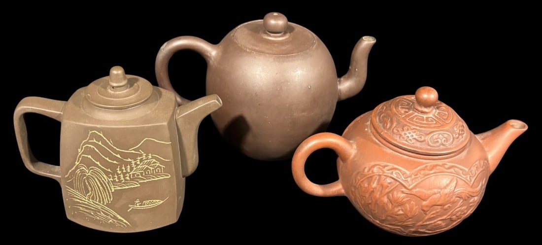 Three Yixing Chinese Teapots with Engravings (1 of 8)