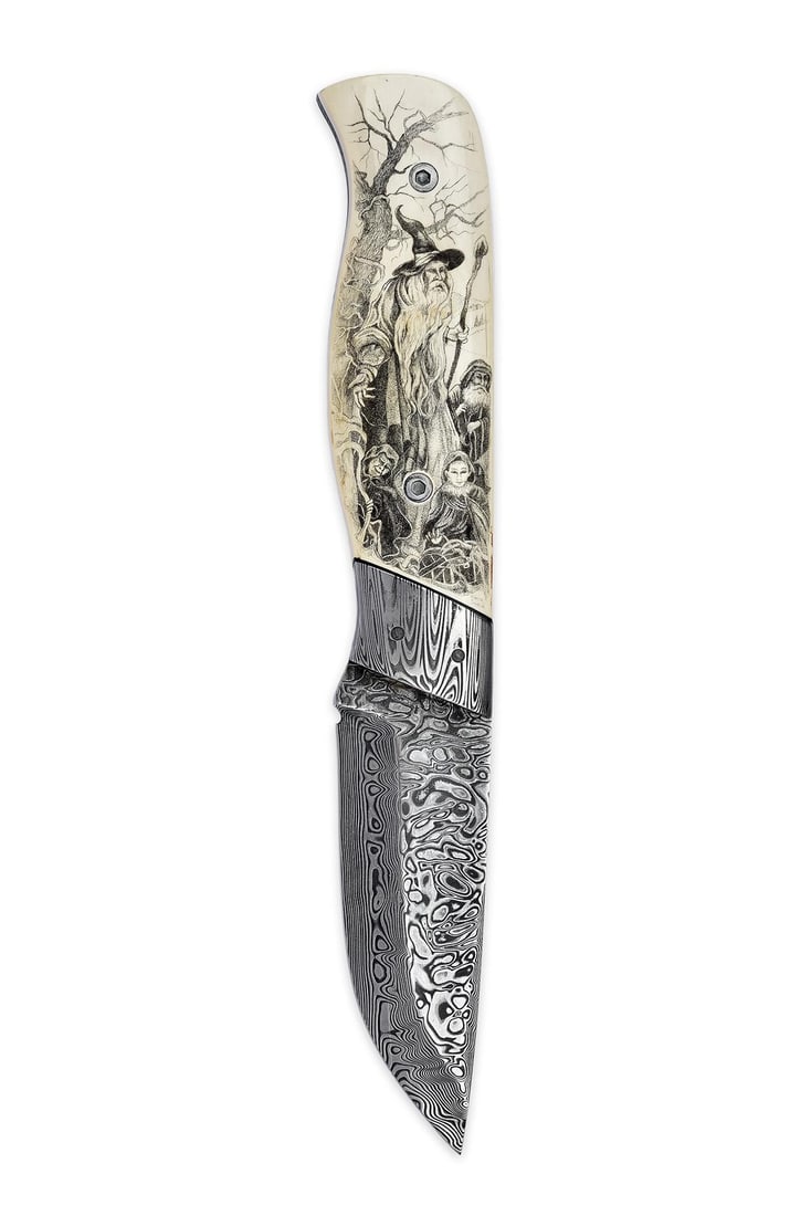 MAIHKEL EKLAND, SWEDEN A FINE & UNIQUE DAMASCUS BLADED & VIVECA SAHLIN SCRIMSHAWED 'LORD OF THE RING (1 of 9)