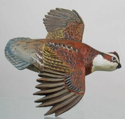 Flying Wall Mount Quail, Gustave Jansson: Life size flying wall mount quail with glass eyes by R. G. Jansson, Cummaquid, MA. In XOC. Branded "R. G. Jansson, Cape Cod" inside an impressed rectangle on the back. Outstanding example by the late