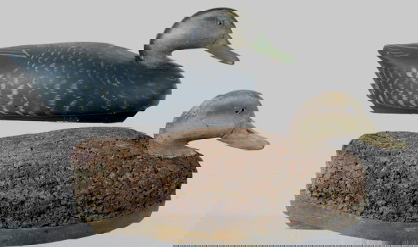 Lot of 2. Wildfowler Black Ducks: Lot of 2. An early Wildfowler black duck with cork body, pine head, and bottom board in OP with wear and original keel. Few thin age checks on the head. No brand. Large cork body Wildfowler black duck