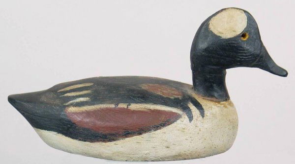 Mini Hooded Merganser Drake Schmidt: Hooded merganser drake with carved wings. One glass eye missing. Otherwise in XOC. Provenance: William Moore collection