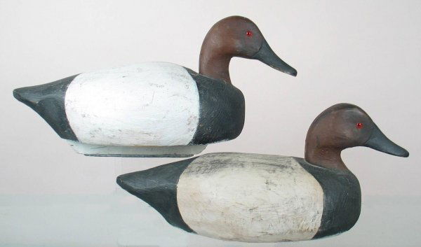 Two Can Drake Decoys by F. Schmidt, Moore Stencil.: Two canvasback drakes in OP attributed to Frank Schmidt. Both with only minimal wear. One high head and one low head model. High head has old tight check at base of neck, which is probably original to