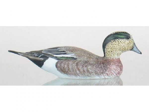 Miniature Widgeon Drake by Garton: Widgeon drake miniature in XOC by J. B. Garton. Rectangular impressed brand on the bottom reads “John B. Garton, Smith Falls Ontario”. Stamped “Made in Canada” and “Widgeon” in ink.