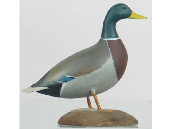 John Davis Mallard Drake Miniature: Miniature mallard drake with tiny glass eyes on a carved wooden base by John Davis. Bottom reads “Mallard by John E. Davis, Berlin, NH” XOC.