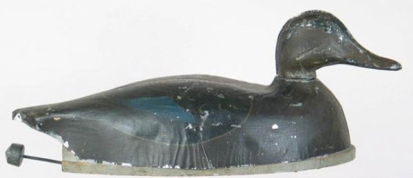 S & S Tin Black Duck: Rare molded tin black duck with metal body attached to a wooden platform by the Strater and Sohier Co. of Boston MA. Patent date 1874. In OP with a little typical flaking. Interesting swing weight on