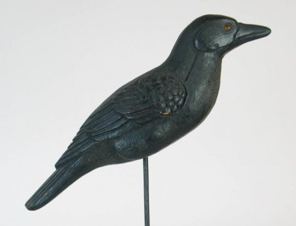 Herter Factory Early Crow: Herters, "Model Perfect" - "True to Life" crow, made by Chicago Novelty Co. (see p 202 in Trayer). Deeply incised, detailed, feather and wing carving. Fine original paint with very light gunning wear