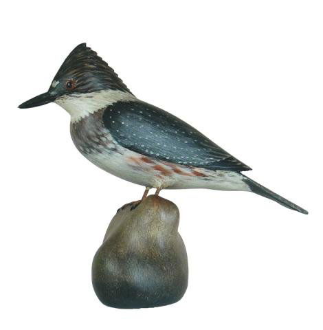 Crowell Kingfisher: 58. Life size kingfisher with glass eyes mounted on a carved rock by Anthony "Elmer" Crowell of East Harwich, MA. ca. 1912. There is a little minor age crazing on the breast. Possibly a minor repair t