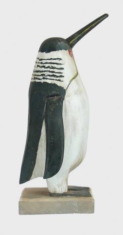 Penguin Carving: 195. Penguin executed in the manner of Charles Hart. Raised applied wings and carved feet. Tiny screw eyes. Thin, tight check above left wing. Original paint with light shelf wear. Some minor crazing 