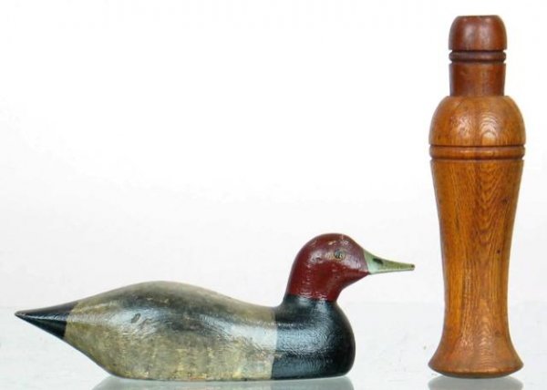 Adams Mini Redhead Paperweight & Duck Call: 391A. Redhead drake by Frank Adams of West Tisbury. Also a duck call by an unknown maker. 400-600