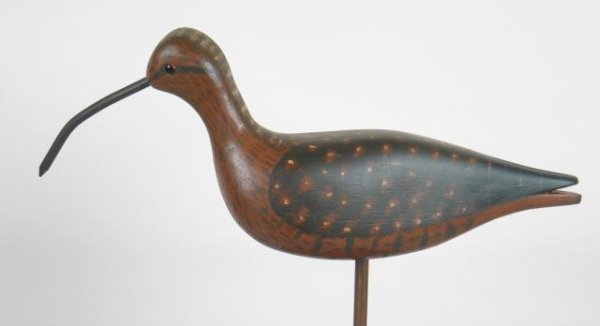 Metal Billed Curlew by Phil Fairbank: 459. Life sized sickle billed curlew by the late Phil Fairbank, Essex, CT. In XOC. Mr. Fairbank worked and hunted with Ted Mulliken of the Wildfowler Factory. He made these and shot over them with a c