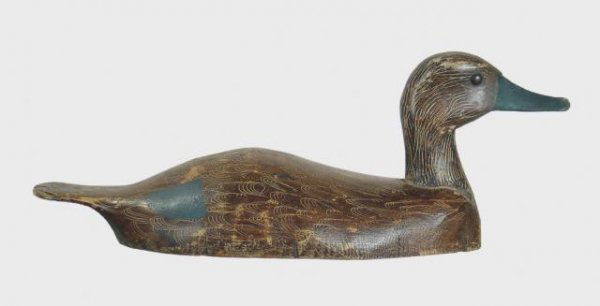 St. Clair Flats Black: 522. Mallard hen from the Thousand Islands with inlet head. Bill has been cracked off and has been professionally repaired. Original paint with light overall wear and a few small rubs. Small chip on t