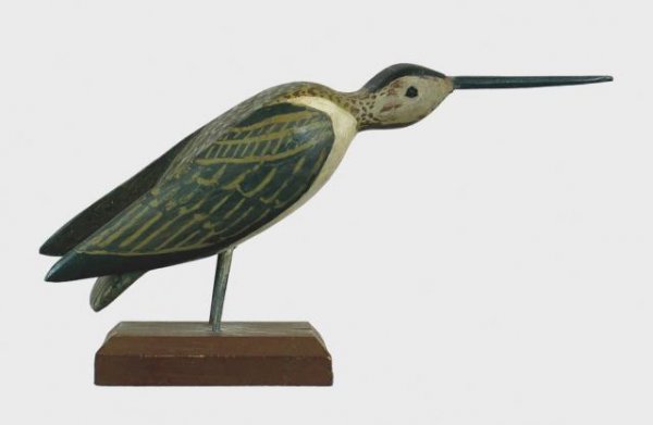 Cuffee-Bennett Type Long Billed Curlew: 595. Shorebird possibly by Chief Cuffy or Bennett. Applied raised wings, dropped tail and carved eyes. Original paint with light shelf wear and some minor darkening. Written in pencil on bottom: "Long