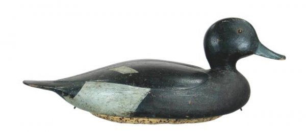 Bluebill Drake Decoy Ben Pease or Ben Smith: 818. Superb example of a bluebill drake from Martha's Vineyard. Strong attribution to Benjamin D. Smith (1866 – 1946). Very unique construction being hollowed from below and the void filled with a w