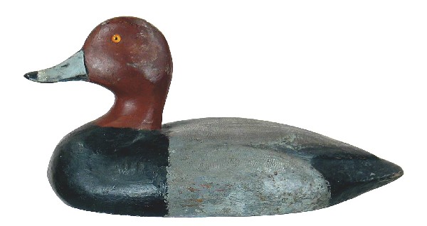 Redhead drake from Michigan attributed to Miles Pi: Redhead drake from Michigan attributed to Miles Pirnie. Typical carved wing tips. In a combination of some original and some gunning touchup. Shows light gunning wear and a small knot is visible on ba