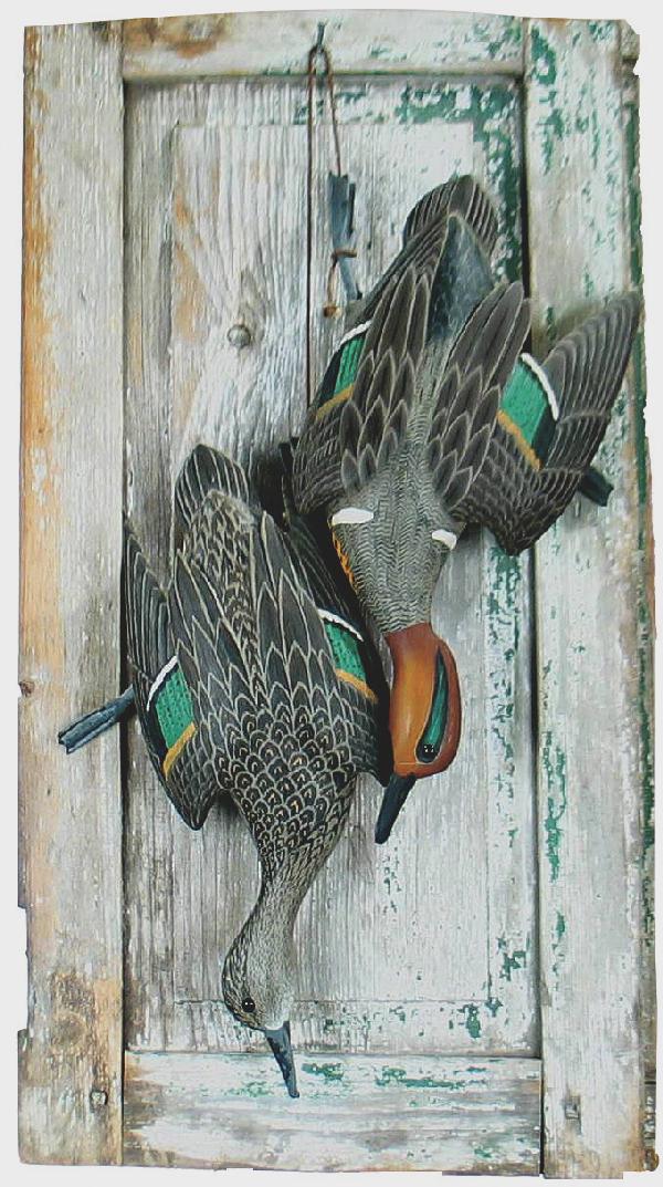 Stunning "hanging game" green winged teal pair by: Stunning "hanging game" green winged teal pair by noted folk artist Grayson Chesser, Jenkins Bridge, VA. Excellent all original paint and condition mounted on an old wooden shutter. Birds are life siz