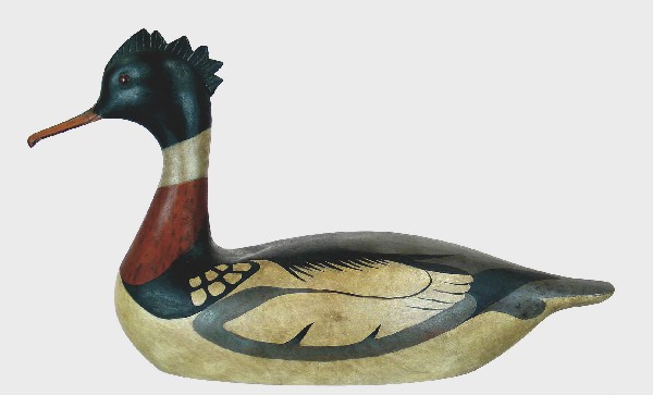 High-head merganser drake in the style of the famo: High-head merganser drake in the style of the famous Lothrop Holmes mergansers by Roger Mitchell. Expertly carved crest and accurately painted in the style of the original. Excellent original paint an