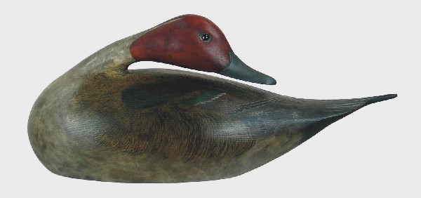 Preening pintail drake in the A. E. Crowell style : Preening pintail drake in the A. E. Crowell style by Roger Mitchell. Crossed wingtips and fluted tail in the Crowell tradition. Excellent original paint and condition. Carving lightly aged by the carv
