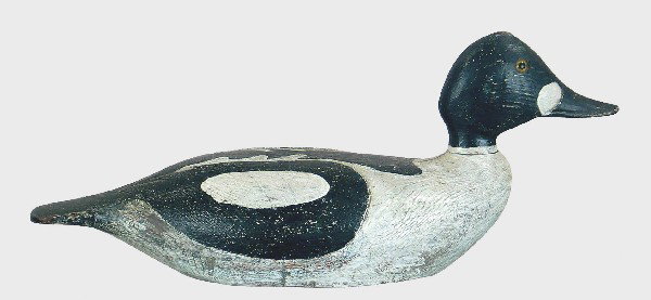 Rigmate pair of whistlers by Luther Nickerson, Cot: Rigmate pair of whistlers by Luther Nickerson, Cotuit, MA. Carved wings and semi-swimming pose. Hen is in original Nickerson paint with some touch up and crazing on lower back and rubs to undercoat on