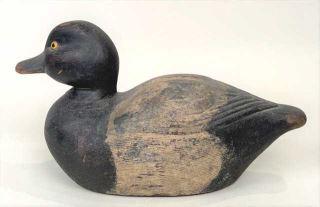 Bluebill Drake by John Walton: A 12 inch bluebill decoy by John Walton of Sherwood WI. Walton taught wood shop at local Sherwood schools. Head turned to the right, glass eyes, and carved wing detail. In old original paint with mino