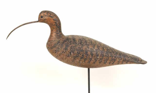 Curlew by David Ward: An early 18 inch cork-bodied shorebird decoy by the late David B. Ward (1947-2020), Essex, CT. Displays glass eyes, a tapered "pitch fork tine" bill and an inserted wooden tail. Ward followed in his g