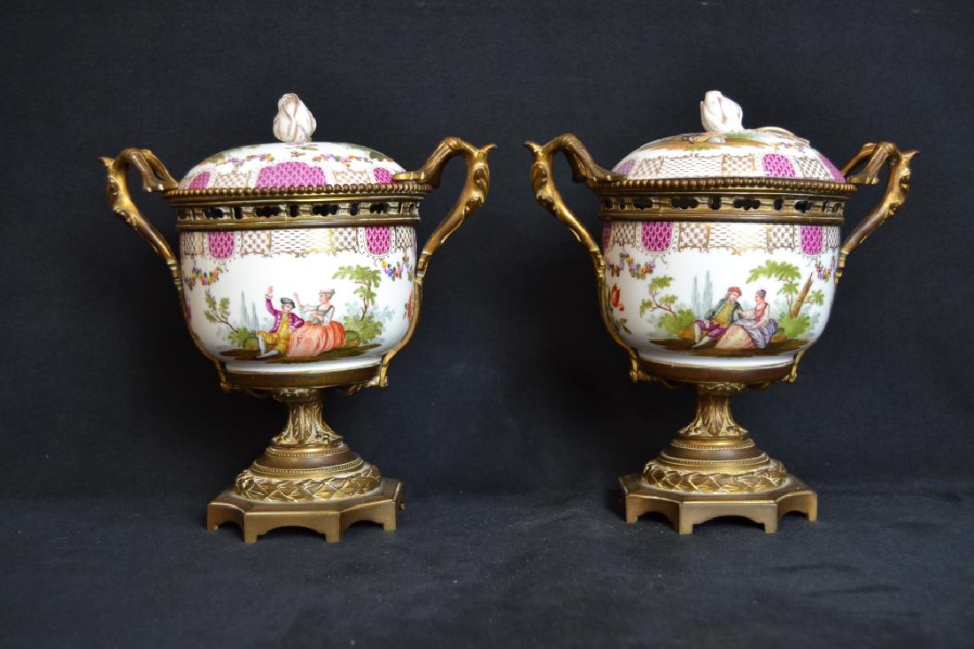 PAIR MEISSEN LIDDED POTS W/ BRONZE BASE & MOUNTS (1 of 6)