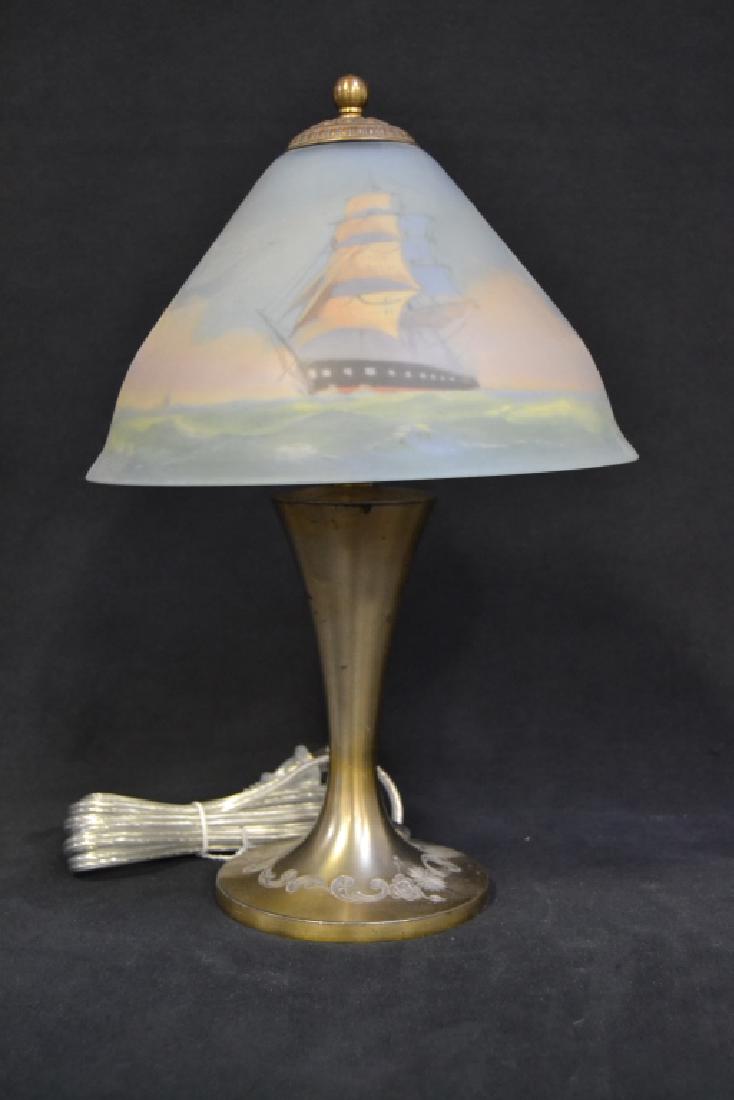SIGNED PAIRPOINT REVERSE PAINTED SHIP SCENE LAMP (1 of 5)