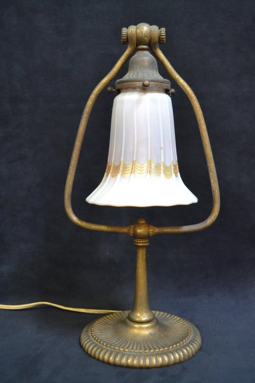 TIFFANY STUDIOS NEW YORK 614 LAMP W/ QUEZAL SHADE: 14" TALL--QUEZAL SHADE HAS CHIP TO BASE (SEE PHOTOS)--HAS BEEN AUTHENTICATED BY PAUL CRIST AS GENUINE TIFFANY